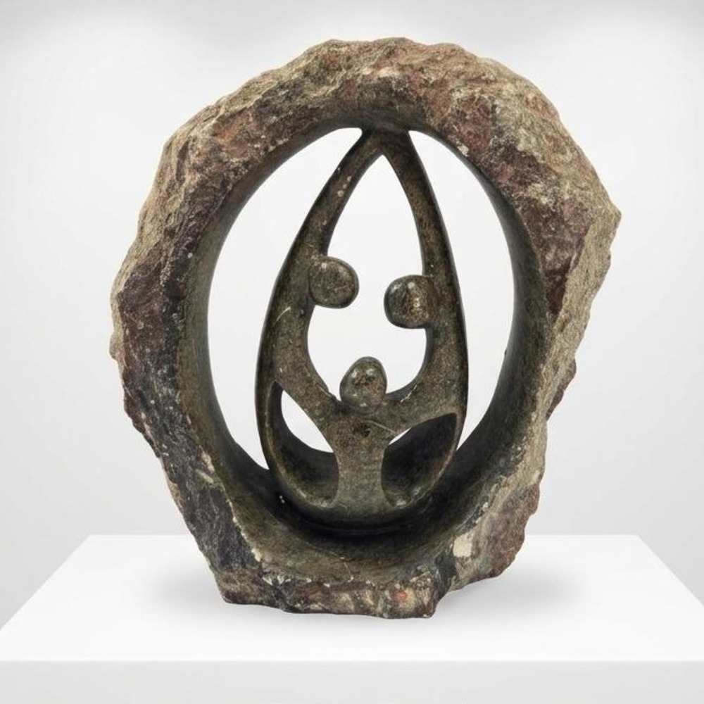 Authentic Shona Stone Sculpture - Family of Three Unity Hand-Carved Zimbabwe Art